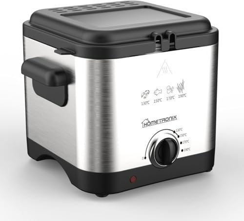 Hometronix Compact 1.5L Deep Fryer, Chip Pan Fat Fryer - 1000W with Adjustable Thermostat (70ºC-190ºC), Cool-Zone Tech, Stainless Steel, Easy Clean Viewing Window