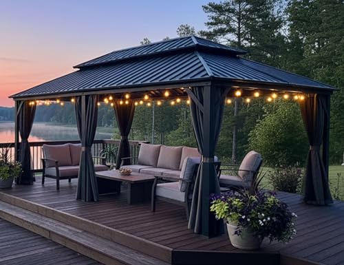 PURPLE LEAF Pavillon 3.65 x 6 m LED Licht Seitenteilen Basisch, Grau | Wasserdichte Licht, Voll-Aluminiumrahmen, Doppellagiges, belüftetes Dach, Sichtschutzvorhänge, Insektensicheres Netzgewebe