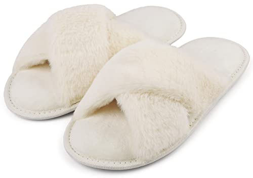 riemot Chaussons Femme Pantoufles en Mousse à Mémoire de Forme Antidérapantes et Confortables Chaussons Femme Hiver Pelucheuses Pelucheuses Bout Ouvert Slippers Pour Intérieur/extérieur,Blanc,EU36-37