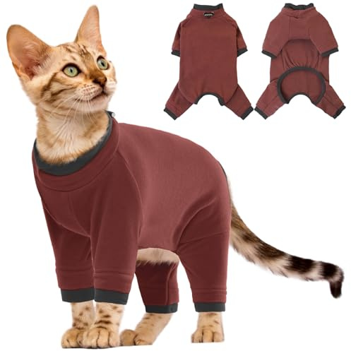 Katzenbody mit Langen Beinen, Winterjacke für Katzen Weihnachtskostüm Body Katze Wunde Rücken Hose für Katzen Nach Op(Rötlichbraun, L)