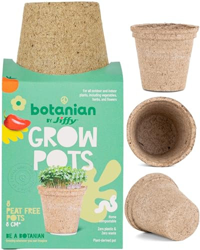 Jiffy Botanian Peat-Free Fibre Growing Pots 8 Pack – Premium Sphagnum Moss Seedling Pots with Reinforced Walls – Biodegradable, Home Compostable, Fun & Easy Gardening for Kids and Beginners