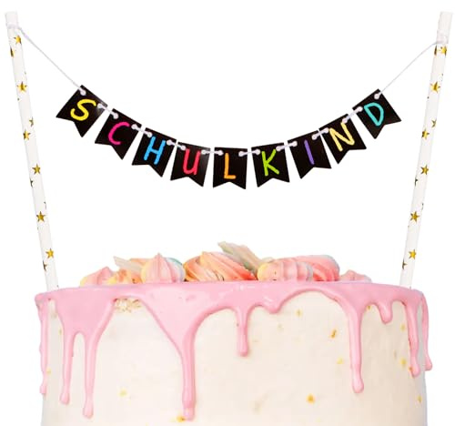 BETESSIN Tortendeko Einschulung Mädchen & Jungen - Schulkind Cake Topper Schwarz - Miniatur Kuchengirlande mit Stäbchen - Tortenstecker zum Schulanfang - Kuchendeko für Schuleinführung UVM.