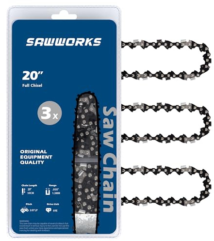 SawWorks 20 Inch Chainsaw Chain, 3/8 Low Profile Pitch .050 Gauge 69 Drive Links Fits EGO AC2005, CS2000, CS2005 and More (3 Chains), Semi Chisel