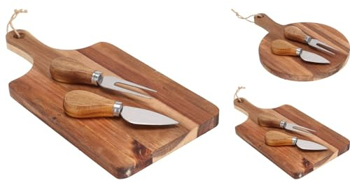 Carousel Home Acacia Wood Cheese Board with Knife & Fork | 3-Piece Wooden Cheese Serving Platter | Small Single Board - Design Varies One Supplied