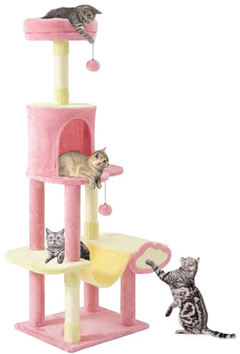 YITAHOME Luxus Kratzbaum mit Hängematte, Mehrstöckiger Kratzbaum mit Sitzstange für Große Katzen, Platzsparender Kratzturm für Wohnung und Wohnzimmer, Rosa