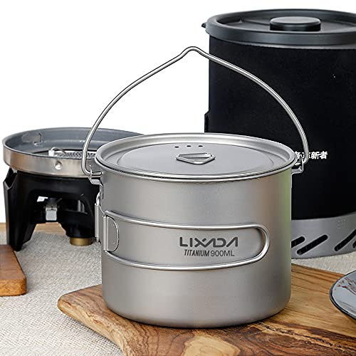 Fyearfly Pentola ultraleggera in titanio con coperchio, manico pieghevole, 750 ml/900 ml/1100 ml, ideale per campeggio e cucina all'aperto
