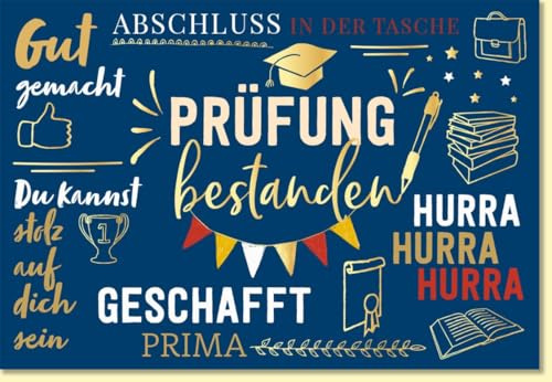 Gutsch Verlag Glückwunschkarte zur Prüfung bestanden mit Sprüchen und Motiv Abschluss Hut Pokal Bücher moderne Doppelkarte für erfolgreiche Prüfungen - mit Umschlag