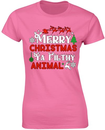 Merry Christmas Ya Filthy Animal Womens T-Shirt Festive Retro Sarcastic Xmas Holiday Cheer Gift Ladies Tshirt Azalea - Large