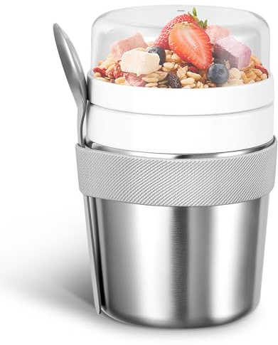 Leseed Vaso yogurt y cereales de acero inoxidable con cuchara de 720 ml, a prueba de fugas, ideal para guardar copos de avena, yogur y otros alimentos