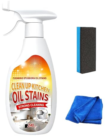 Heavy Duty Degreaser, New Upgrade Strong Lemon Clean Up Kitchen Oil Stain Remover Spray, Kitchen Cleaner with Towel&Sponge Wipe, Stain Remover for Stove/Range Hood (1PC)
