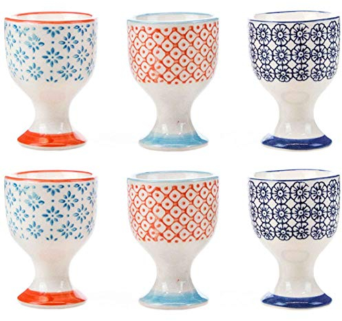 Argon Tableware Hand Printed Egg Cups - Pack of 6 - Multicolour Assorted Set Porcelain Breakfast Brunch Easy Clean Hard Soft Boiled Eggs Dipping Holder Stand for Breakfast, Brunch