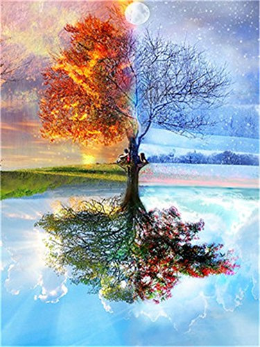 YEESAM ART Neuerscheinungen Malen nach Zahlen für Erwachsene Kinder - Vier Jahreszeiten Baum 16 * 20 Zoll Leinen Segeltuch - DIY ölgemälde ölfarben Weihnachten Geschenke (Baum, Ohne Frame)