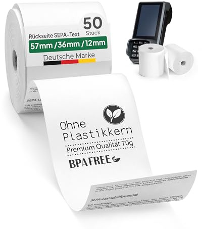 coreless - 50x EC-Thermorollen à 57mm x 36mm x 12mm - EC-Rolle mit Sepa Aufrdruck - kernlose Kassenrollen ohne Plastikmüll