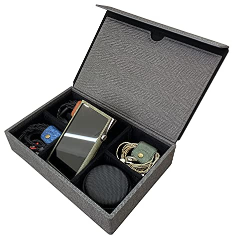 MITER carrying case for DAP + earphone, Handmade Italy PU leather Hard Standing case for 2 IEM earphones + 1 digital audio player Storage carry cover box (Multi Case-Black)