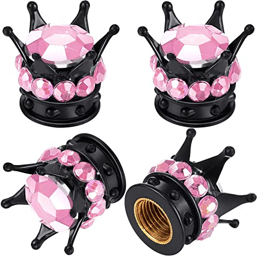 Kronen-Reifenventilkappen, 4 Stück, glitzernd, Handarbeit, Kristall-Strass, universal, Chrom, Krone, Fahrzeug, Autoreifen, attraktives Zubehör für Auto, rosa und schwarz
