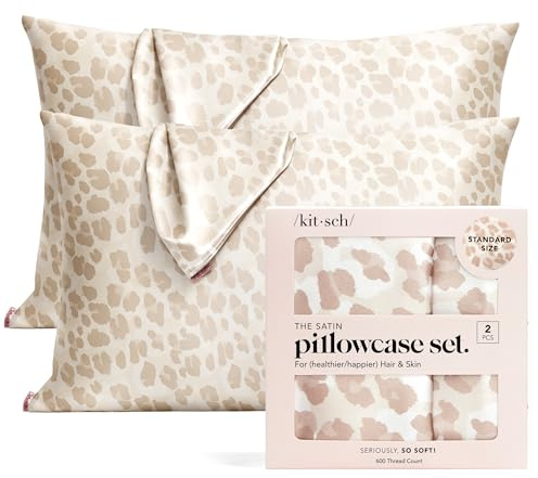 Kitsch 100% Satin Pillowcase with Zipper, Softer Than Silk Pillowcase for Hair & Skin, Cooling Pillow case, Satin Pillow Case Cover (Standard/Queen (2 Pack), Leopard)
