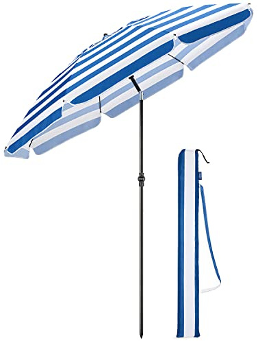 CHRISTOW Beach Umbrella Portable Tilting Parasol Sun Shade with UV Protection and Bag 2m (Blue and White Striped)