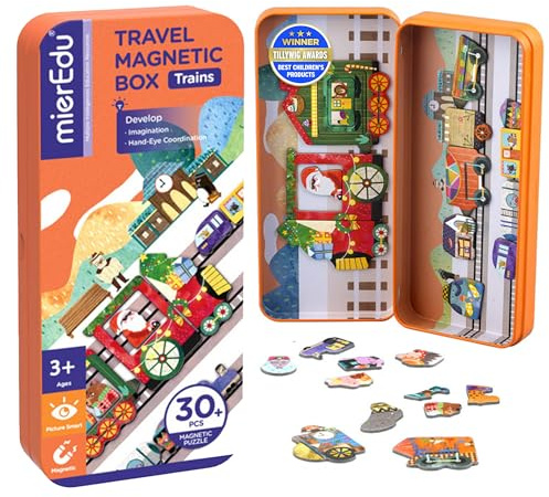 mierEdu Magnetspiel Box Züge, Magnetpuzzle für Kinder ab 3 Jahren | Magnetisches Lernspiel & Reisespiel für unterwegs, fördert Motorik & Fantasie, Beschäftigung für Auto & Bahn