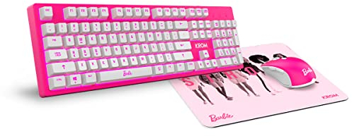KROM Maus und -Mausunterlage Barbie Edition Kandy - Weiße LED-Membrantastatur, Maus optischem Sensor 6400 DPI, Mause-Matte hat eine Gummibasis, US Layout, pink