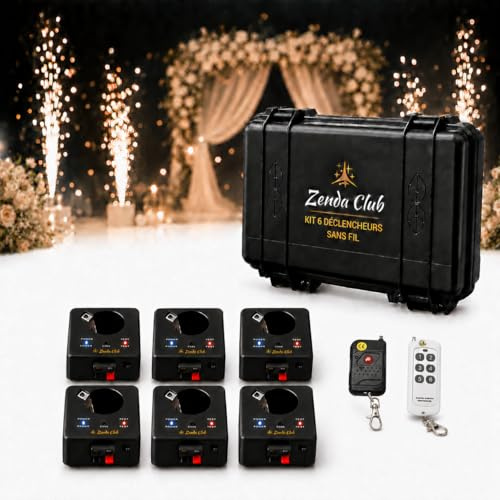 ZENDA CLUB® Lot de 6 Déclencheurs pour Jets de Scène – Système de Tir Sans Fil – Machine d’Allumage pour Fontaines Froides, Feux d’Artifice d’Intérieur et Événements – 2 Télécommandes – Portée 100 m