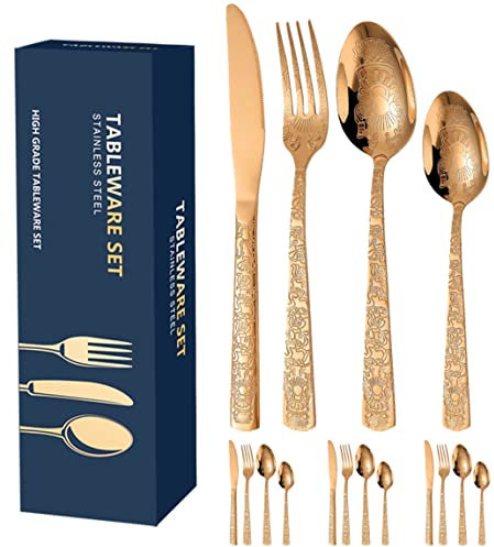 XIAOYU 16 Piece Luxury Retro Stainless Steel Flatware Set, Vintage Silverware Set, Include Knives Forks Spoons, Service for 4, Mirror Polished, Dishwasher Safe, Rose Gold