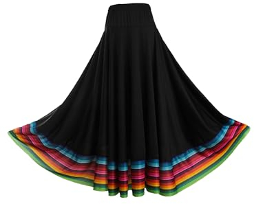 CHICTRY Damen Spanischer Flamenco Rock Lang Latein Tango Tanzrock Streifen Patchwork Faltenrock Walzer Bauchtanz Ballroom Schaukel Swing Rock Wettbewerb Kostüm Schwarz C XXL