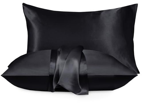 Moonlight Bedding Black Cooling Satin Pillow Cases 2 Pack - Soft Feels Like Silk Pillowcase For Hair and Skin Care Luxury Pillow Covers with Envelope Closure