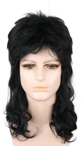 LeMarnia Herren 80er Jahre Vokuhila Perücke Rocker Punk Popstar Perücke Schwarz Lange Lockig Halloween Party Kostüm Perücken