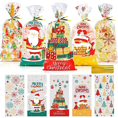 KAZATE Cellophantüten Weihnachten 100 Stücke, Plätzchentüten Kekstüten Weihnachtstüten zum Befüllen, Gebäcktüten Zellophantüten Klein Klarsichttüten Bodenbeutel Tüten Durchsichtige für Süßigkeiten