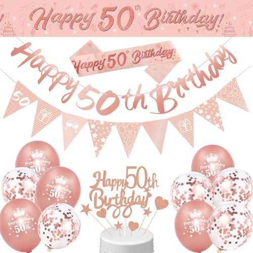 50th Birthday Decorations for Women Her Rose Gold Pink Banner & Balloons | Cake Topper, Triangle Flags, Balloons