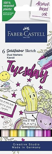 FABER-CASTELL - Goldfaber Sketch Marker Kawaii, 6 Farben | Schnell trocknende Alkohol Marker mit hoher Deckkraft, Brush- und Finelinerspitze für Illustrationen und Skizzen