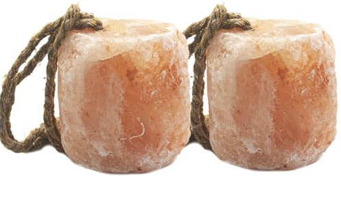 MUYG 2 Pack Himalayan Salt Lick Natural Minerals Block on Rope for Horses,Cattles,Deer,Goat and Other Livestock Long Lasting Original Pink Salt Lick (4.8-6.6 lbs)