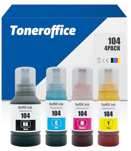 Tinte 104 Multipack 4er-Set Kompatibel für Epson 104 Druckertinte, Nachfülltinte 1x Schwarz (ca. 7500 S.) 1x Cyan (ca. 7500 S.) 1x Magenta (ca. 7500 S.) 1x Gelb (ca. 7500 S.)