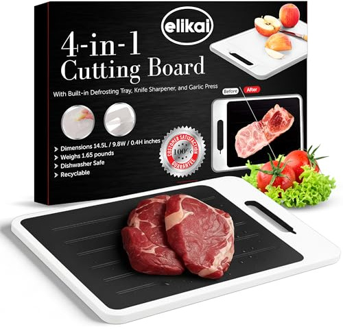 ELIKAI Defrosting Tray for Frozen Meat – 4-in-1 Meat Thawing Tray with Built-In Knife Refiner, Garlic Grater, Cutting Board – Thawing Plate for Frozen Food - Ideal Gift for Birthdays - White