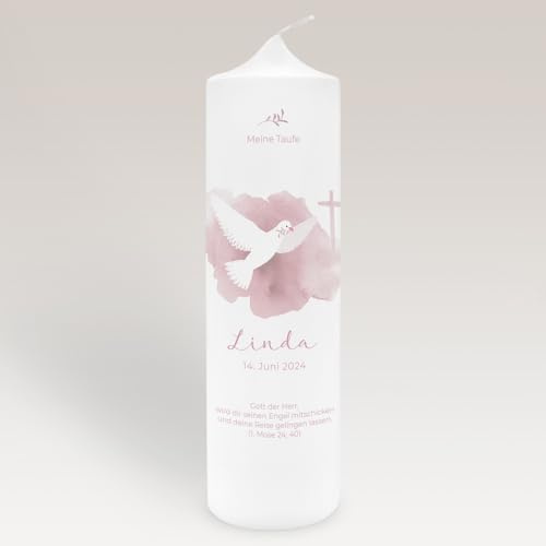 Taufkerze Taube Aquarell mit Namen & Taufspruch online selbstgestalten (rosa)