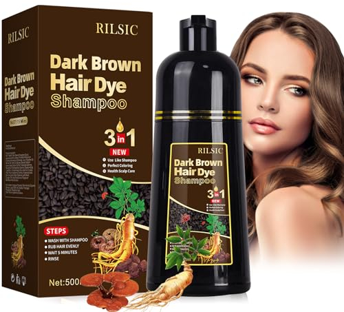 GFEUGS Dunkelbraun Haarfärbeshampoo 3 IN 1, 100% Grey Coverage - Instant Hair Color Shampoo for Women Men - Herbal Ingredients, Black Hair Dye Coloring in Minutes(500ML) (Dunkelbraun)