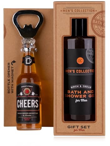 Accentra Collection Men's Coffret cadeau en papier kraft, avec gel bain et gel douche 150 ml, décapsuleur en forme de bouteille de bière, parfum bouleau et cèdre - marron