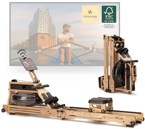 SportPlus Rudergerät für Zuhause Wasser - Wasserrudergerät Designed in Germany FSC®-Zertifiziert - Rudergerät Wasser klappbar Robustes Eichenholz - Premium Rudermaschine Holz bis 180 kg & 200 cm