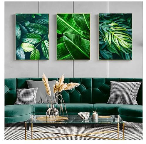 NXMYDBD Grüne Pflanzen, große Monstera-Palmblatt-Poster, Leinwandgemälde, Drucke, Wandkunstdruck, Bilder für Wohnzimmer, Dekor, Kunstwerk, 50x70cm (20x28 Zoll) x3, ungerahmt