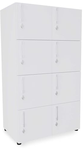 Eigentlich Holzspind 8 oder 10 Schließfächer, Garderobenschrank versch. Farben mit Vorhänge- oder Zylinderschloss, Wertsachenspind für Umkleide, Mitarbeiterspind (8 Fächer, Vorhängeschloss, Weiß)