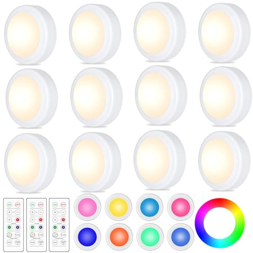12 Stück LED Schrankbeleuchtung Unterbauleuchte Fernbedienung 16 Farben RGB | weiß kabellos unterbauleuchte batterie, dimmbare, timer, led vitrinenbeleuchtung puck lights für küche kleiderschrank