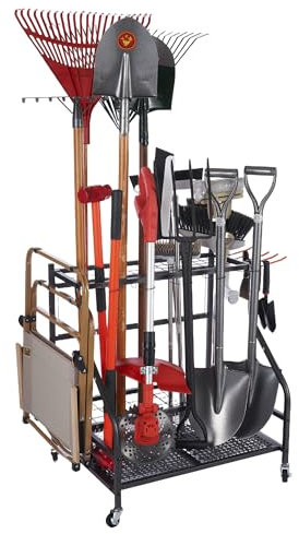 Sinoer Garden Tool Storage Rack with Hooks and Wheels，Garage Tool Organize, 3-tier Metal Utility Shelves，Storage Holder use for Lawn,Shed,Garage,Yard and Garden
