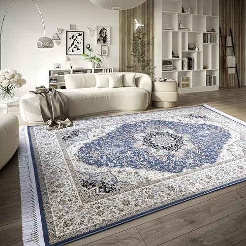 Villeroy & Boch Kurzflor Teppich Etienne - Orientalischer Wohnzimmerteppich - Dicht gewebt mit Fransen - Klassischer Teppich für Wohnzimmer, Schlafzimmer, Esszimmer, Flur– Hellblau Creme, 155x235cm