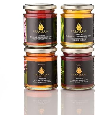 Caravella Fine Food - Italian tasting/Gift set x4 (1 kg)- Sicily Lemon Blossom Honey 250 gr + Chestnut honey 250 gr + Cherry blossom Honey 250 gr, Sulla-flower Honey 250 gr -100% italian honey