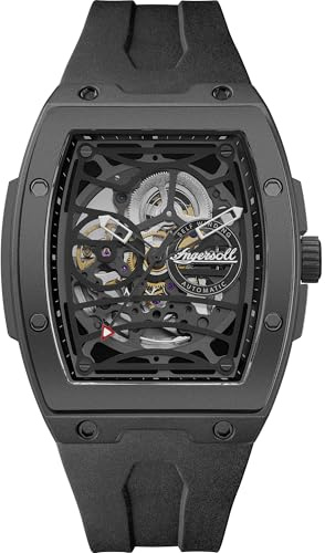 Ingersoll The Rim Herrenuhr 42 mm Automatikuhr mit schwarzem Skelettziffernblatt und schwarzem PU Armband I16201