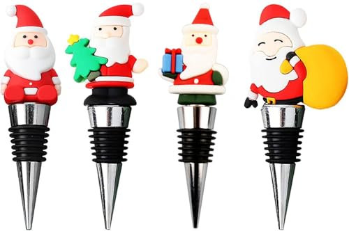 CAREOR 4 Pcs Santa Claus Wine Stoppers Reusable PVC Christmas Decorative Wine and Beverage Bottle Stoppers Plugs for Xmas Party Birthday Supplies Accessories Gift