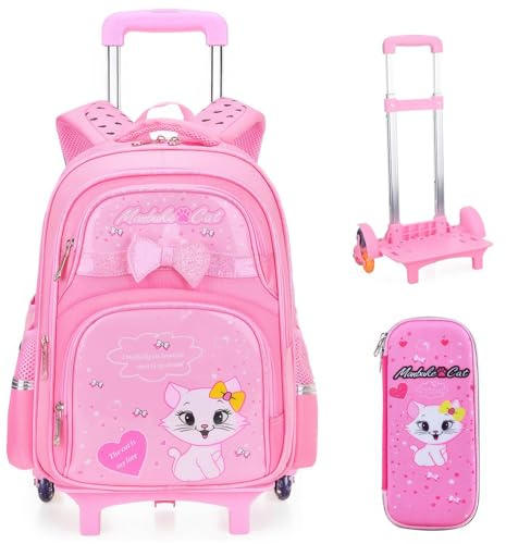 Voici et Voila Cadeaux Scolaire Sac à Dos Filles Roulette Cartable Roulettes Fille Trolley Sac Scolaire Fille Primaire CE Cartable Scolaire Roulettes Enfant Rose 30x18x45CM