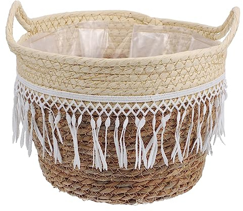 Garneck Cesta Tejida para Macetas de Flores con Borla, Mediana | Algodón, Pe y Espadaña, Forro Plástico Integrado, Estilo Campestre, Uso en Patio y Dormitorio Color Aleatorio