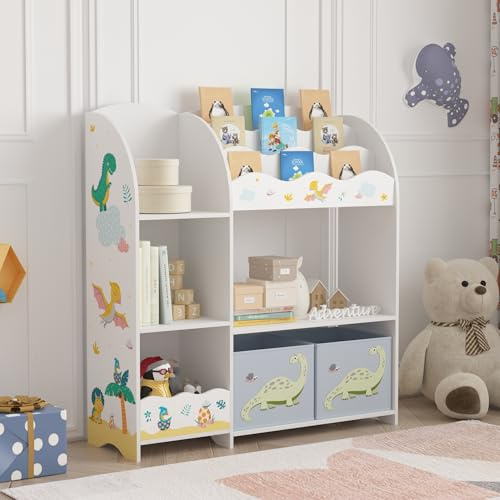 [en.casa] Barnhylla Lysekil bokhylla för barn med 2 förvaringslådor leksakshylla 100 x 93 x 30 cm leksaksförvaring dinosauriemotiv