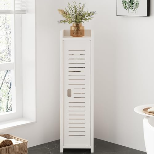 Dripex 4 Tier Bathroom Floor Cabinet, 18W x 20D x 80H cm, Slim White Storage Cabinet with Door, Narrow Free Standing Cupboards Adjustable Shelves for Bathroom or Bedroom (Door Style 2)
